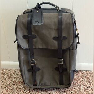 Filson Olive Canvas Travel Rolling Luggage with Dark Brown Leather Trim Carry On